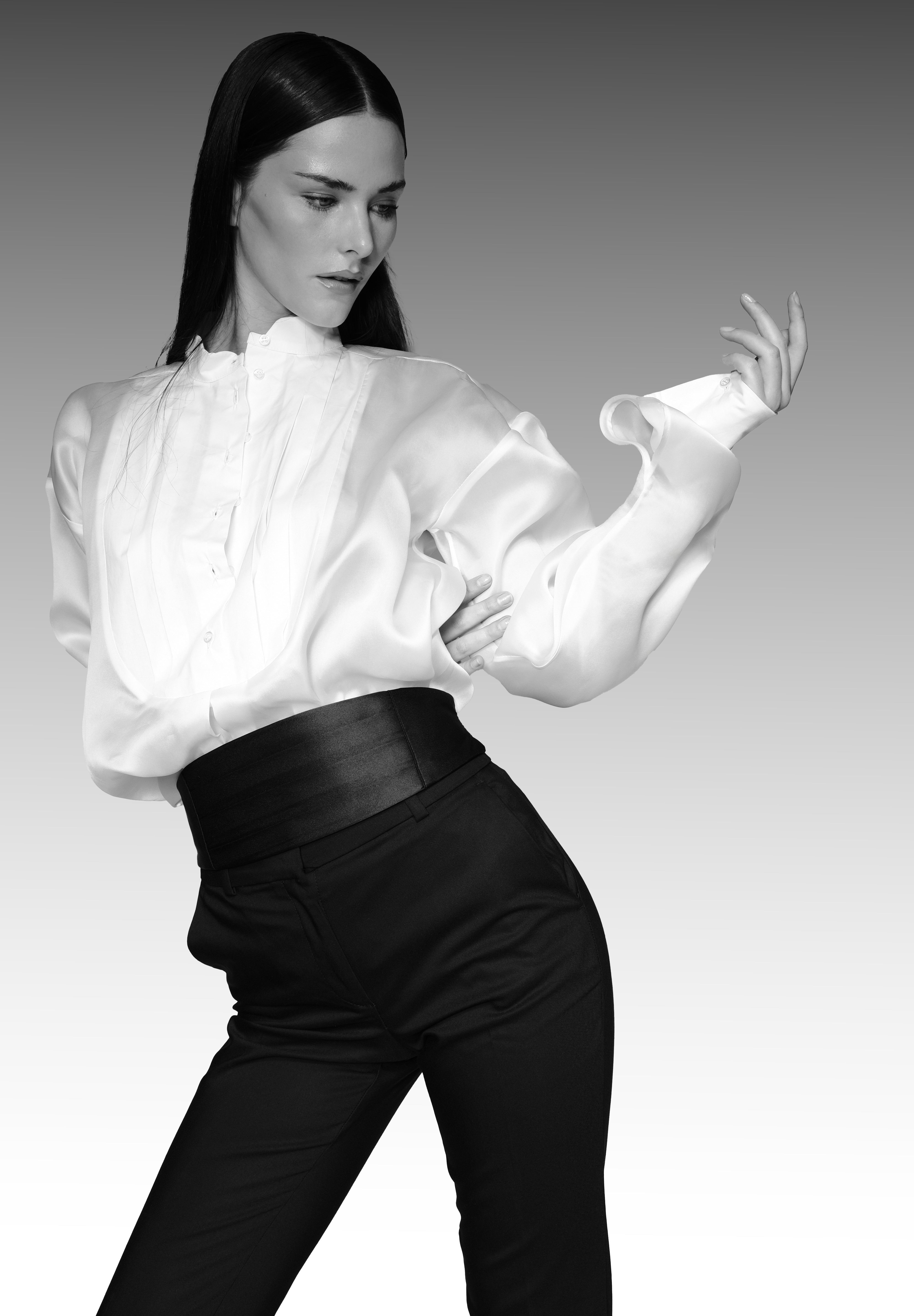 woman in custom tuxedo shirt outfit